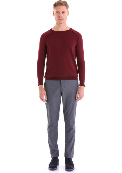 Bordo Regular Fit Düz Bisiklet Yaka Yün Triko Kazak