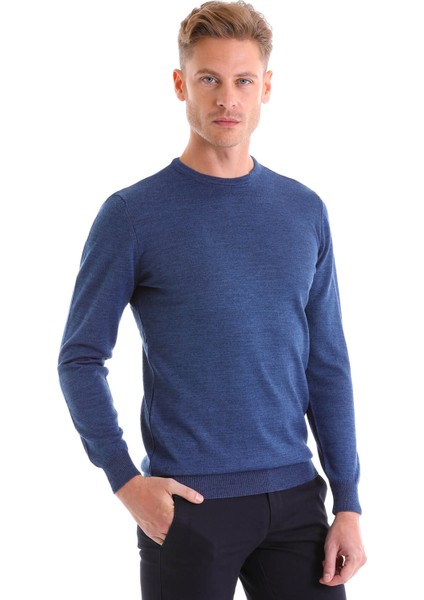 Koyu Mavi Regular Fit Düz Yün Bisiklet Yaka Triko Kazak