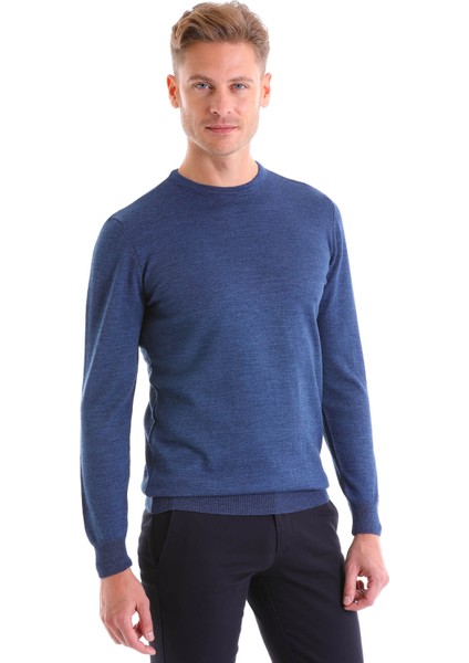 Koyu Mavi Regular Fit Düz Yün Bisiklet Yaka Triko Kazak fiyatları