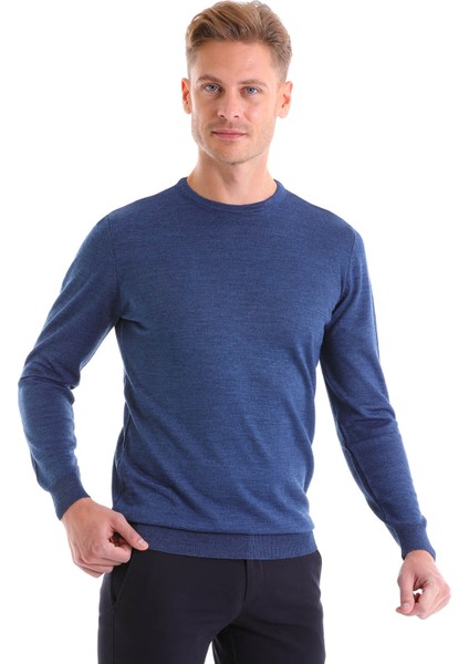 Koyu Mavi Regular Fit Düz Yün Bisiklet Yaka Triko Kazak modelleri