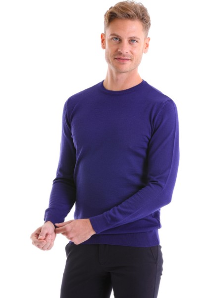 Saks Mavi Regular Fit Düz Yün Bisiklet Yaka Triko Kazak