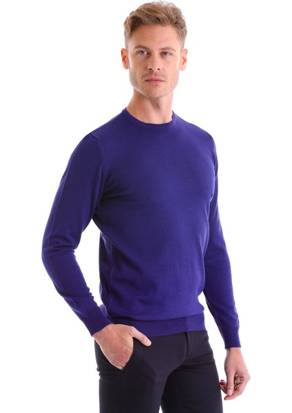 Saks Mavi Regular Fit Düz Yün Bisiklet Yaka Triko Kazak fiyatları