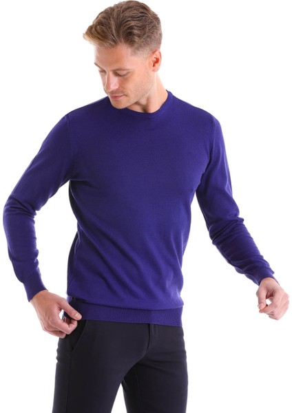 Saks Mavi Regular Fit Düz Yün Bisiklet Yaka Triko Kazak modelleri