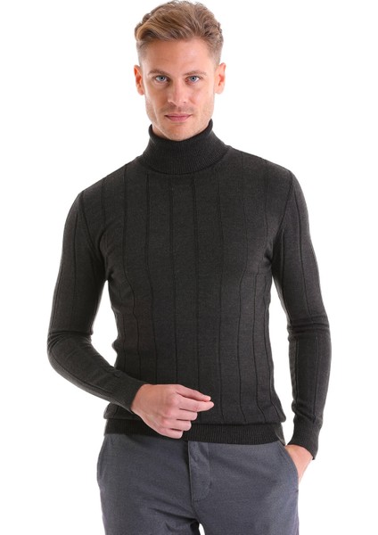 Antrasit Regular Fit Desenli Balıkçı Yaka Yün Triko Kazak