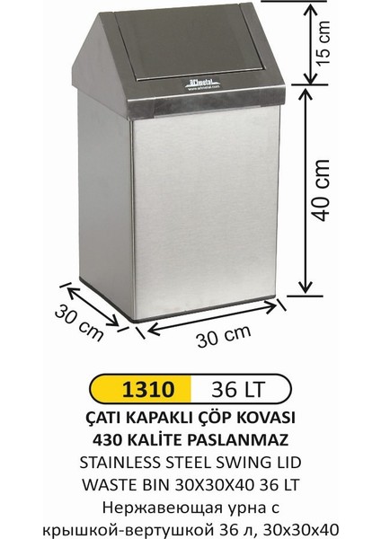Çatı Kapak Çöp Kovası 30X30X40 36 Lt Paslanmaz