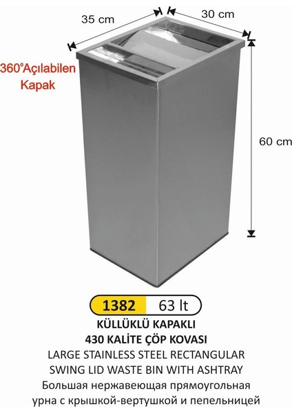 Dikdörtgen Çatı Kapaklı Küllüklü Çöp Kovası Paslanmaz Büyük Boy