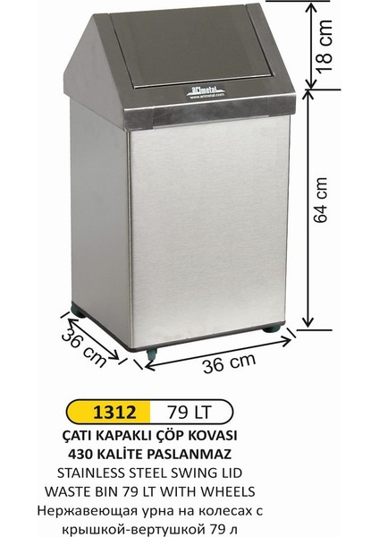 Çatı Kapaklı Çöp Kovası Tekerlekli Paslanmaz 79 Lt