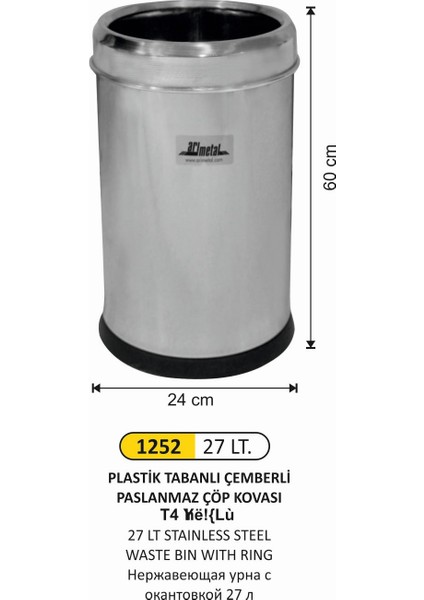 Çöp Kovası Çemberli Paslanmaz 27 Litre