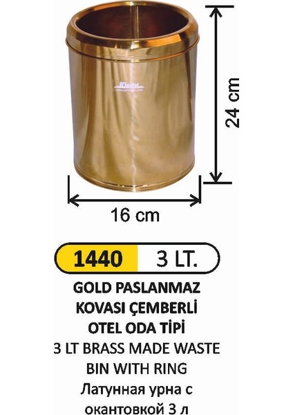 3 Lt Çemberli Gold Paslanmaz Çöp Kovası