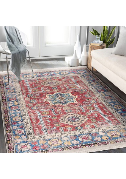 Kırmızı Zeminde Hereke Motifli Yöresel Desenli Vintage Avangarde Dijital Baskılı Makinede Yıkanabilir Kaymaz Taban Saçaklı Halı fiyatları