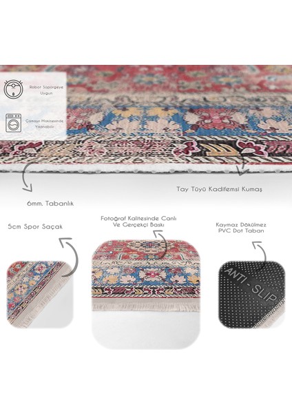 Kırmızı Zeminde Hereke Motifli Yöresel Desenli Vintage Avangarde Dijital Baskılı Makinede Yıkanabilir Kaymaz Taban Saçaklı Halı fırsatları