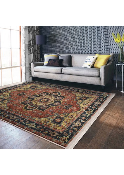 Krem Zeminde Halı Motifli Iran Desenli Avangarde Vintage Dijital Baskılı Makinede Yıkanabilir Kaymaz Taban Saçaklı Halı