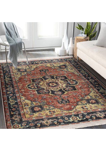 Krem Zeminde Halı Motifli Iran Desenli Avangarde Vintage Dijital Baskılı Makinede Yıkanabilir Kaymaz Taban Saçaklı Halı