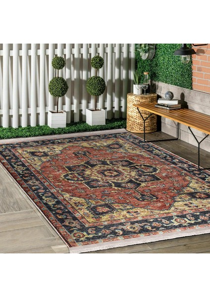Krem Zeminde Halı Motifli Iran Desenli Avangarde Vintage Dijital Baskılı Makinede Yıkanabilir Kaymaz Taban Saçaklı Halı