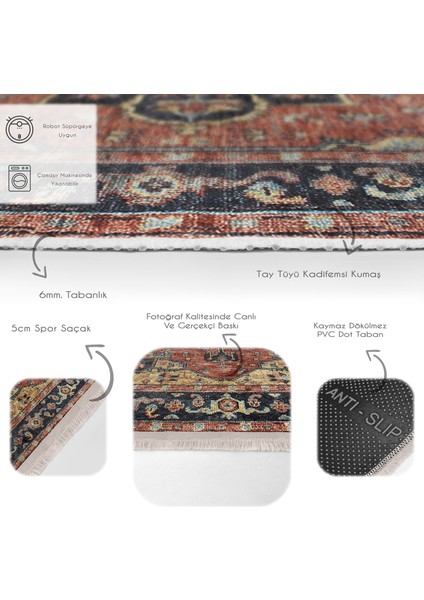 Krem Zeminde Halı Motifli Iran Desenli Avangarde Vintage Dijital Baskılı Makinede Yıkanabilir Kaymaz Taban Saçaklı Halı