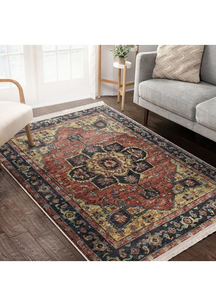 Krem Zeminde Halı Motifli Iran Desenli Avangarde Vintage Dijital Baskılı Makinede Yıkanabilir Kaymaz Taban Saçaklı Halı