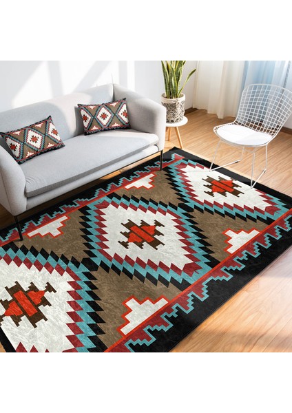 Krem - Ekru Zeminde Kilim Motifli Geleneksel Desenli Geometrik Etnik Motifler Dijital Baskılı Makinede Yıkanabilir Kaymaz Taban Saçaklı Halı