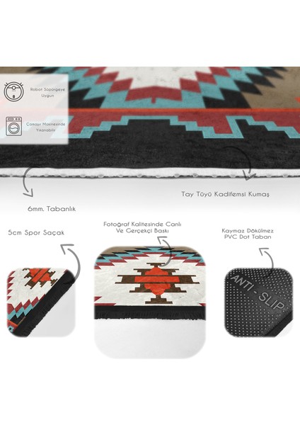 Krem - Ekru Zeminde Kilim Motifli Geleneksel Desenli Geometrik Etnik Motifler Dijital Baskılı Makinede Yıkanabilir Kaymaz Taban Saçaklı Halı fırsatları