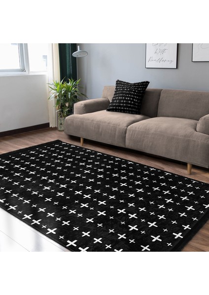 Siyah - Beyaz Zeminde Artı Işareti Motifli Klasik Desenli Geometrik Dijital Baskılı Makinede Yıkanabilir Kaymaz Taban Saçaklı Halı indirimleri