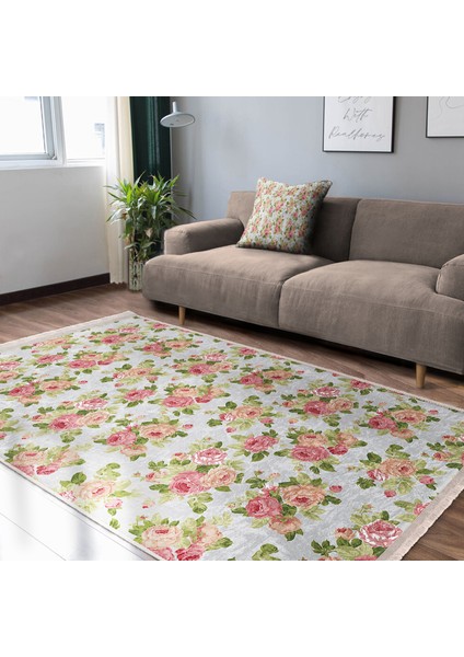 Gri Zeminde Yaprak Motifli Floral Desenli Floral Mutfak Yatak Odası Dijital Baskılı Makinede Yıkanabilir Kaymaz Taban Saçaklı Halı