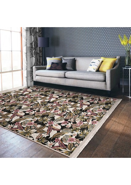 Siyah Zeminde Floral Motifli Çiçek Desenli Floral Dijital Baskılı Makinede Yıkanabilir Kaymaz Taban Saçaklı Halı