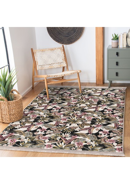 Siyah Zeminde Floral Motifli Çiçek Desenli Floral Dijital Baskılı Makinede Yıkanabilir Kaymaz Taban Saçaklı Halı fiyatları