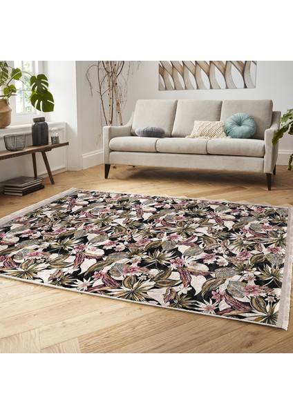 Siyah Zeminde Floral Motifli Çiçek Desenli Floral Dijital Baskılı Makinede Yıkanabilir Kaymaz Taban Saçaklı Halı modelleri