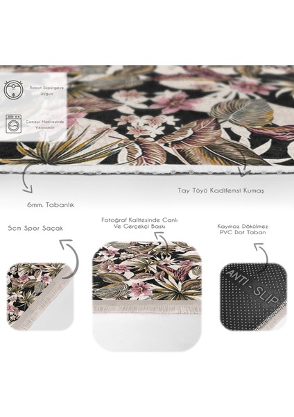 Siyah Zeminde Floral Motifli Çiçek Desenli Floral Dijital Baskılı Makinede Yıkanabilir Kaymaz Taban Saçaklı Halı fırsatları