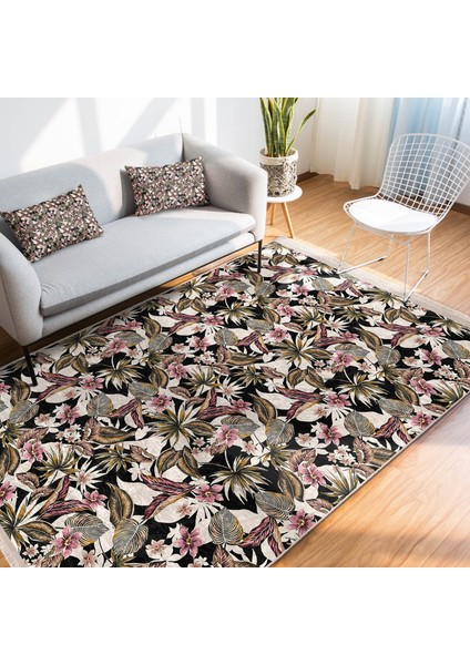 Siyah Zeminde Floral Motifli Çiçek Desenli Floral Dijital Baskılı Makinede Yıkanabilir Kaymaz Taban Saçaklı Halı indirimleri