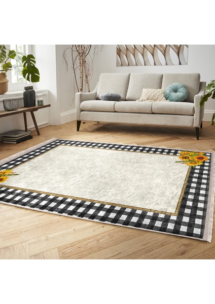 Siyah - Beyaz Zeminde Ekose Motifli Sarı Çiçekler Desenli Floral Geometrik Dijital Baskılı Makinede Yıkanabilir Kaymaz Taban Saçaklı Halı