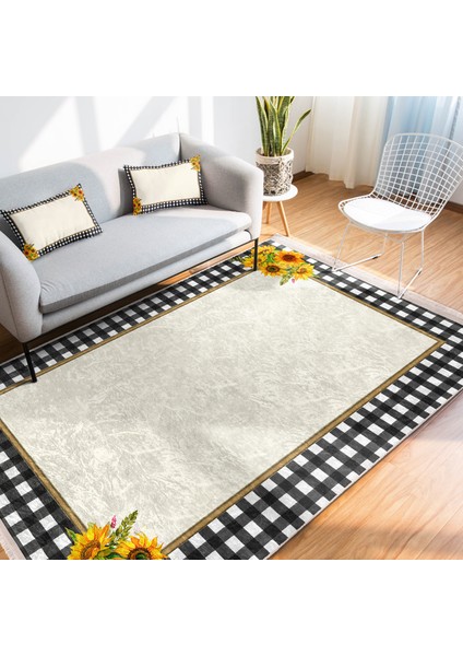 Siyah - Beyaz Zeminde Ekose Motifli Sarı Çiçekler Desenli Floral Geometrik Dijital Baskılı Makinede Yıkanabilir Kaymaz Taban Saçaklı Halı fiyatları