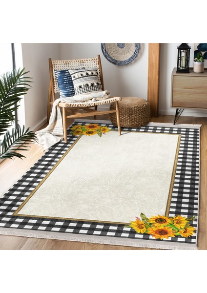 Siyah - Beyaz Zeminde Ekose Motifli Sarı Çiçekler Desenli Floral Geometrik Dijital Baskılı Makinede Yıkanabilir Kaymaz Taban Saçaklı Halı modelleri