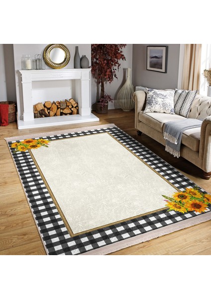 Siyah - Beyaz Zeminde Ekose Motifli Sarı Çiçekler Desenli Floral Geometrik Dijital Baskılı Makinede Yıkanabilir Kaymaz Taban Saçaklı Halı indirimleri