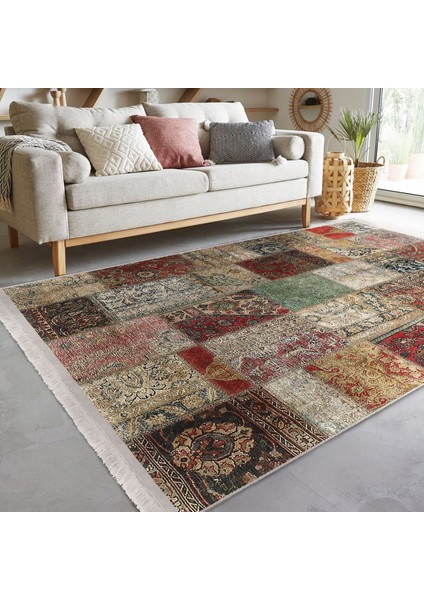 Çok Renki Zeminde Patchwork Motifli Eskitme Desenli Etnik Motifler Vintage Dijital Baskılı Makinede Yıkanabilir Kaymaz Taban Saçaklı Halı fiyatları