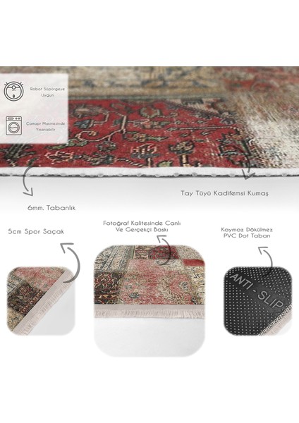 Çok Renki Zeminde Patchwork Motifli Eskitme Desenli Etnik Motifler Vintage Dijital Baskılı Makinede Yıkanabilir Kaymaz Taban Saçaklı Halı fırsatları