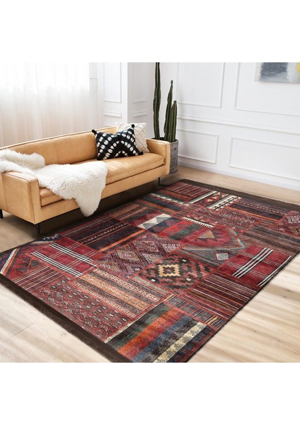 Kiremit Zeminde Kilim Motifli Eskitme Desenli Avangarde Etnik Motifler Dijital Baskılı Makinede Yıkanabilir Kaymaz Taban Saçaklı Halı