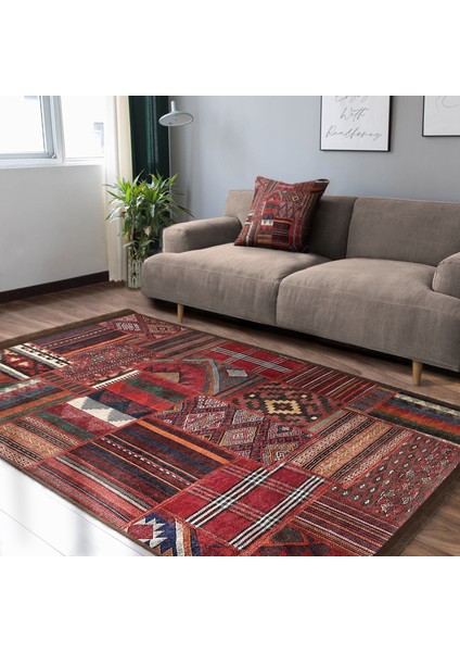 Kiremit Zeminde Kilim Motifli Eskitme Desenli Avangarde Etnik Motifler Dijital Baskılı Makinede Yıkanabilir Kaymaz Taban Saçaklı Halı fiyatları
