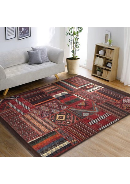 Kiremit Zeminde Kilim Motifli Eskitme Desenli Avangarde Etnik Motifler Dijital Baskılı Makinede Yıkanabilir Kaymaz Taban Saçaklı Halı modelleri