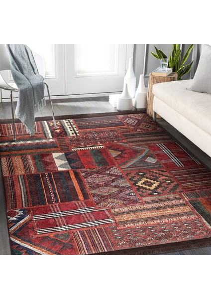 Kiremit Zeminde Kilim Motifli Eskitme Desenli Avangarde Etnik Motifler Dijital Baskılı Makinede Yıkanabilir Kaymaz Taban Saçaklı Halı indirimleri