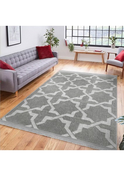 Gri Zeminde Geometrik Motifli Mozaik Desenli Geometrik Dijital Baskılı Makinede Yıkanabilir Kaymaz Taban Saçaklı Halı