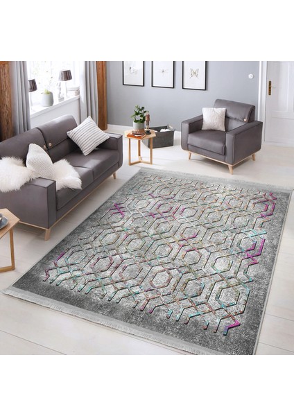 Gri - Mor Zeminde Geometrik Motifli Kanvas Desenli Geometrik Eskitme Motifli Dijital Baskılı Makinede Yıkanabilir Kaymaz Taban Saçaklı Halı modelleri