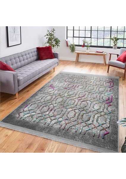 Gri - Mor Zeminde Geometrik Motifli Kanvas Desenli Geometrik Eskitme Motifli Dijital Baskılı Makinede Yıkanabilir Kaymaz Taban Saçaklı Halı indirimleri