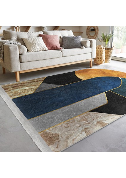 Lacivert Zeminde Geometrik Motifli Mordern Sanat Desenli Modern Geometrik Dijital Baskılı Makinede Yıkanabilir Kaymaz Taban Saçaklı Halı