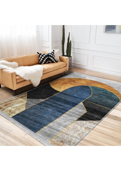 Lacivert Zeminde Geometrik Motifli Mordern Sanat Desenli Modern Geometrik Dijital Baskılı Makinede Yıkanabilir Kaymaz Taban Saçaklı Halı fiyatları
