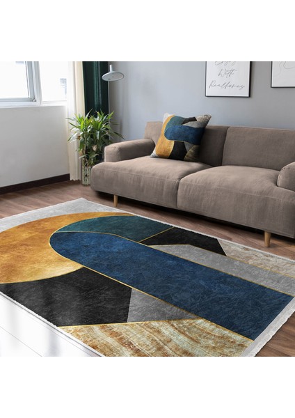 Lacivert Zeminde Geometrik Motifli Mordern Sanat Desenli Modern Geometrik Dijital Baskılı Makinede Yıkanabilir Kaymaz Taban Saçaklı Halı modelleri