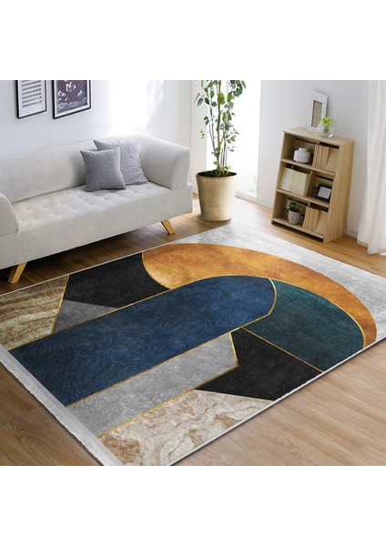 Lacivert Zeminde Geometrik Motifli Mordern Sanat Desenli Modern Geometrik Dijital Baskılı Makinede Yıkanabilir Kaymaz Taban Saçaklı Halı indirimleri