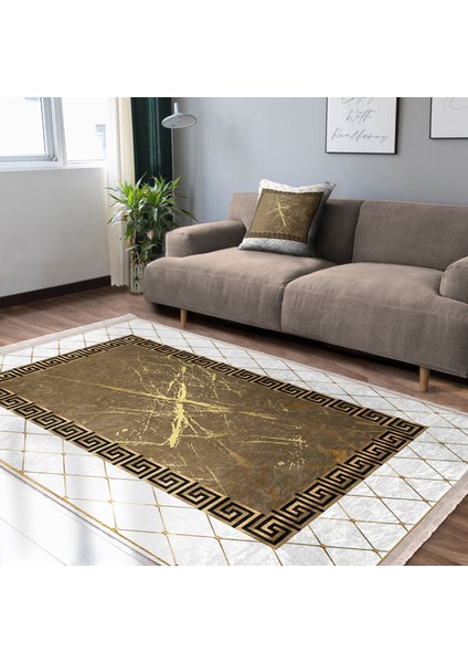 Beyaz- Gold Zeminde Çerçeveli Motifli Otantik Desenli Geometrik Klasik Dijital Baskılı Makinede Yıkanabilir Kaymaz Taban Saçaklı Halı fiyatları