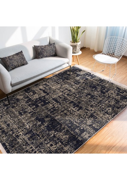 Lacivert - Krem Zeminde Otantik Motifli Eskitme Desenli Eskitme Motifli Vintage Dijital Baskılı Makinede Yıkanabilir Kaymaz Taban Saçaklı Halı modelleri