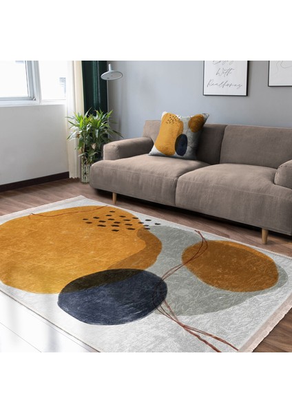 Turuncu Zeminde Suluboya Motifli Modern Sanat Desenli Bohem Dijital Baskılı Makinede Yıkanabilir Kaymaz Taban Saçaklı Halı modelleri