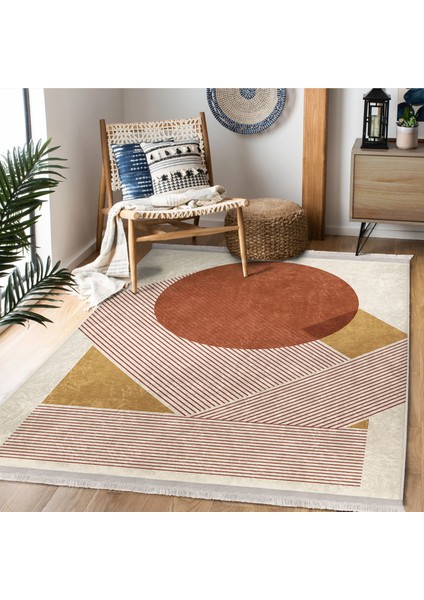 Siyah - Kahverengi Zeminde Tablo Motifli Modern Sanat Desenli Geometrik Bohem Dijital Baskılı Makinede Yıkanabilir Kaymaz Taban Saçaklı Halı indirimleri